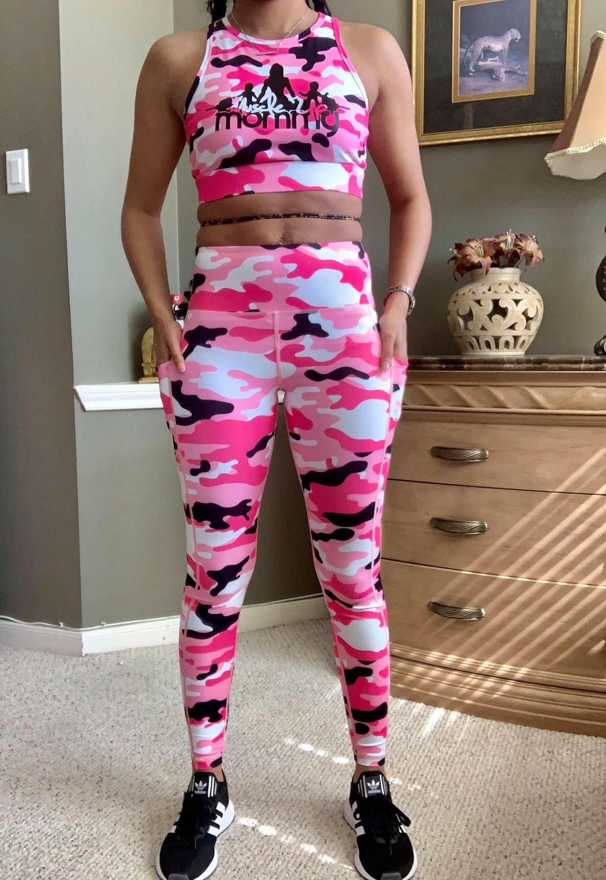 Buy the Womens Pink White Camouflage Elastic Waist Compression Leggings  Size M